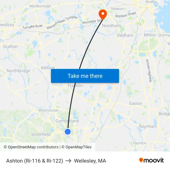 Ashton (Ri-116 & Ri-122) to Wellesley, MA map