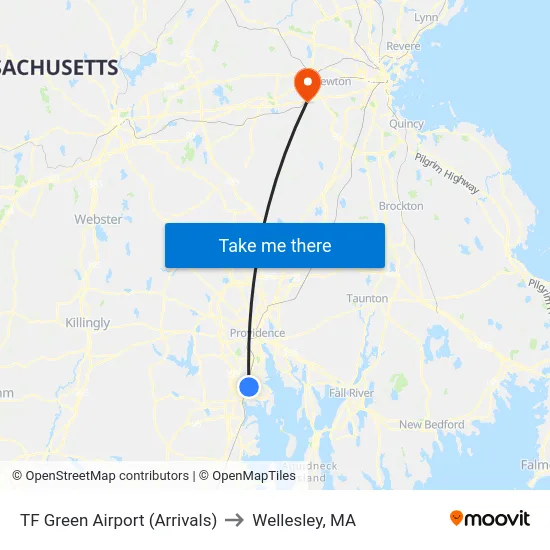 TF Green Airport (Arrivals) to Wellesley, MA map