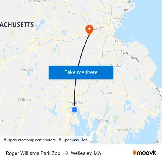 Roger Williams Park Zoo to Wellesley, MA map