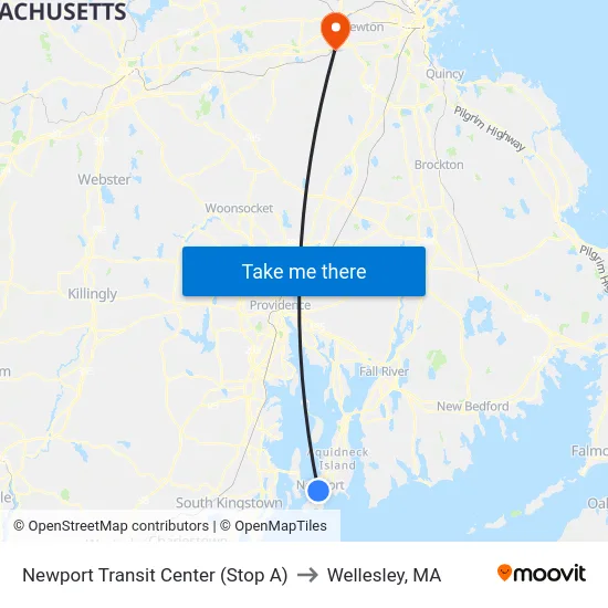 Newport Transit Center (Stop A) to Wellesley, MA map