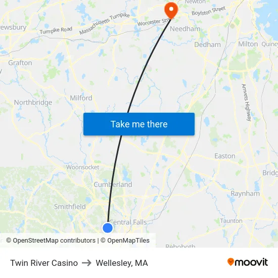Twin River Casino to Wellesley, MA map