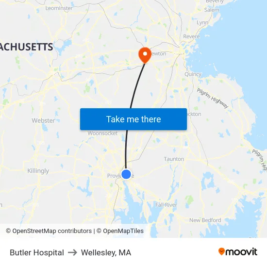 Butler Hospital to Wellesley, MA map