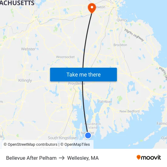 Bellevue After Pelham to Wellesley, MA map