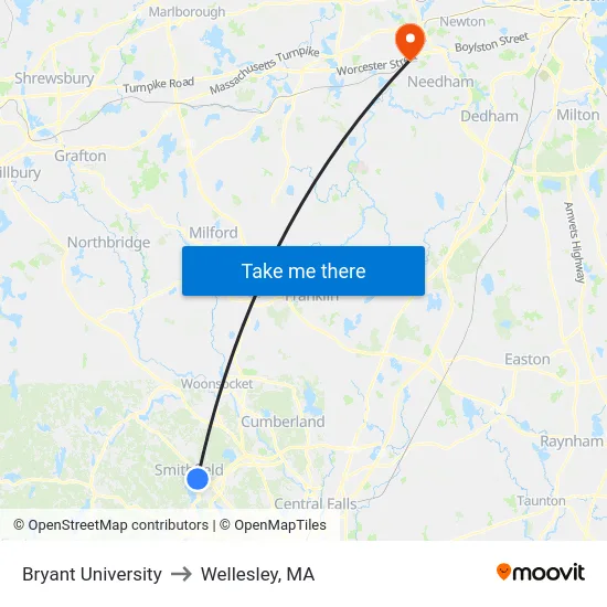 Bryant University to Wellesley, MA map