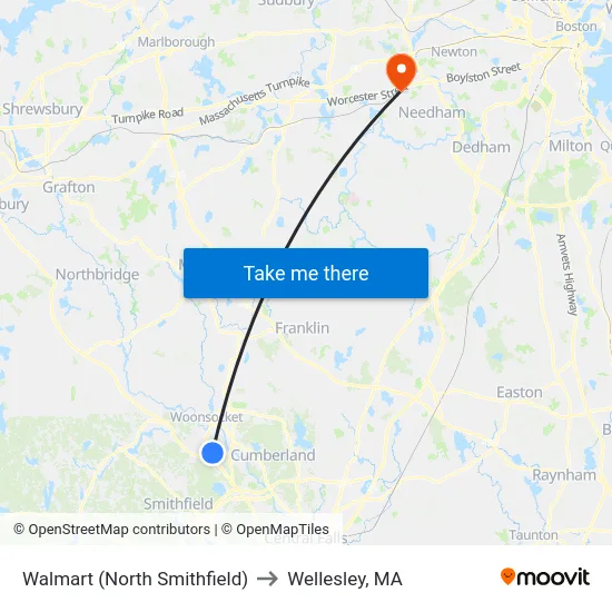 Walmart (North Smithfield) to Wellesley, MA map