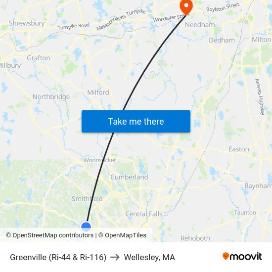 Greenville (Ri-44 & Ri-116) to Wellesley, MA map