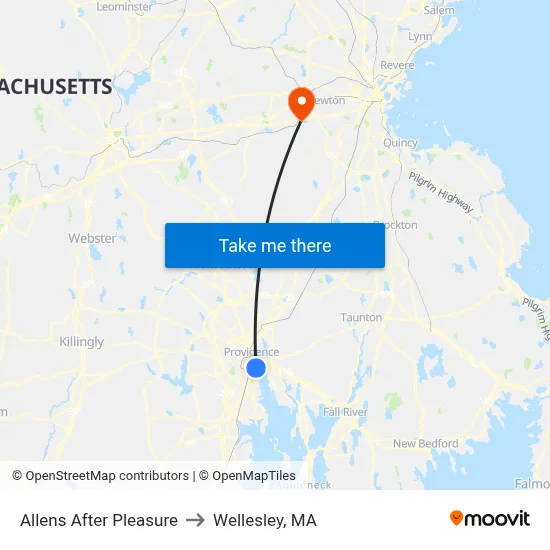 Allens After Pleasure to Wellesley, MA map