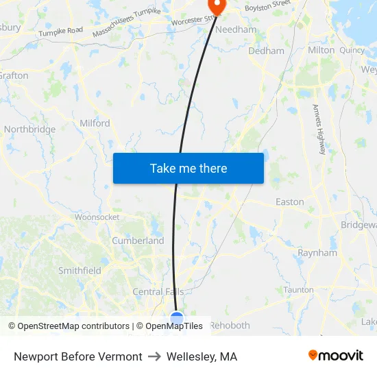 Newport Before Vermont to Wellesley, MA map