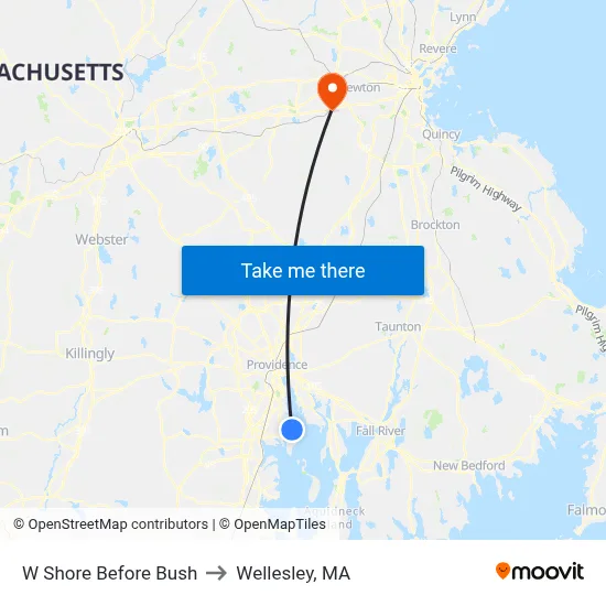 W Shore Before Bush to Wellesley, MA map