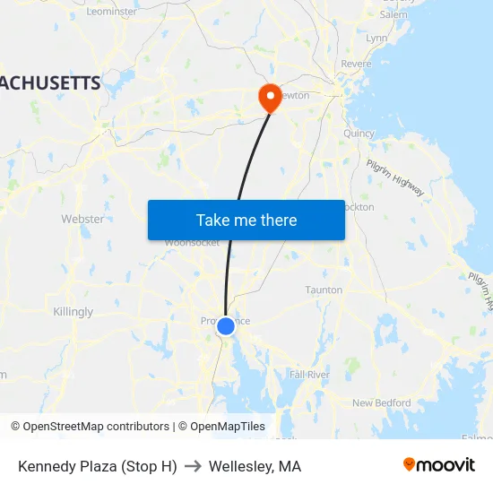 Kennedy Plaza (Stop H) to Wellesley, MA map