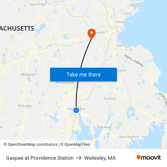Gaspee at Providence Station to Wellesley, MA map