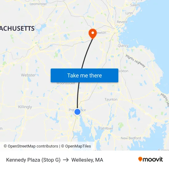 Kennedy Plaza (Stop G) to Wellesley, MA map