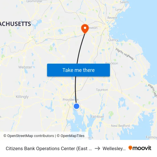 Citizens Bank Operations Center (East Providence) to Wellesley, MA map