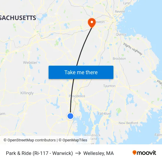 Park & Ride (Ri-117 - Warwick) to Wellesley, MA map