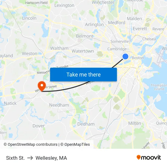Sixth St. to Wellesley, MA map