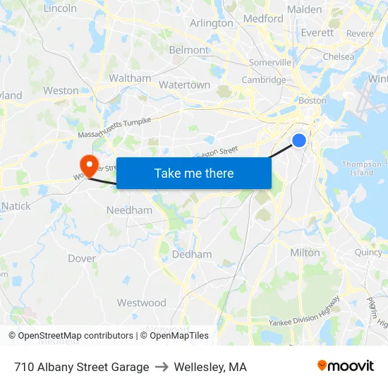 710 Albany Street Garage to Wellesley, MA map