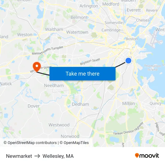 Newmarket to Wellesley, MA map