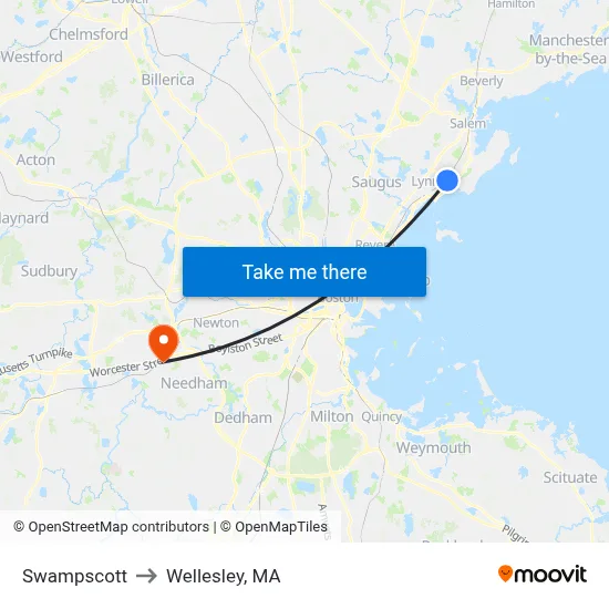 Swampscott to Wellesley, MA map