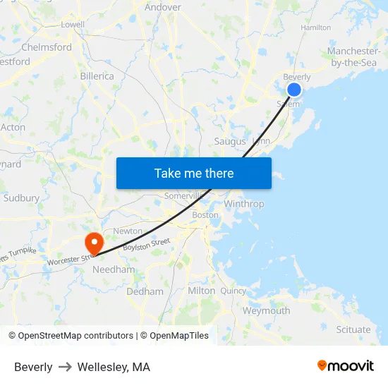 Beverly to Wellesley, MA map