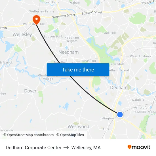 Dedham Corporate Center to Wellesley, MA map