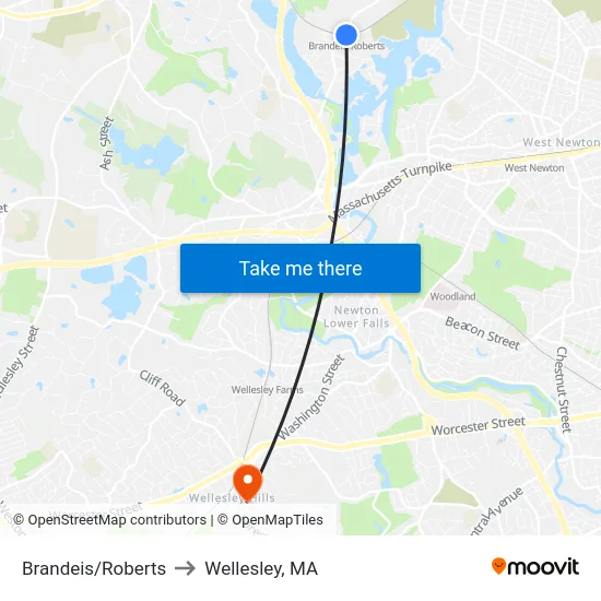 Brandeis/Roberts to Wellesley, MA map