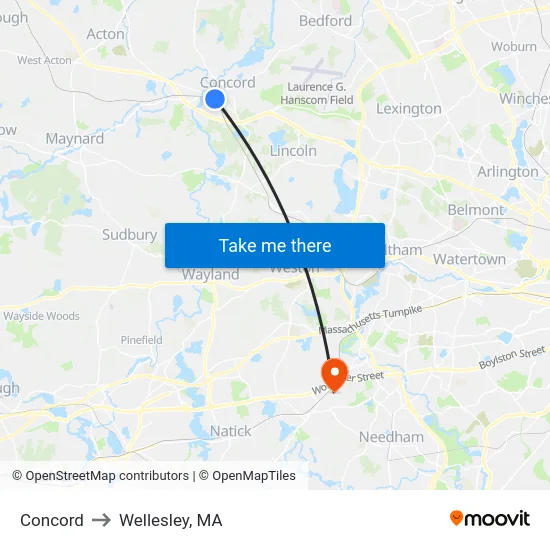 Concord to Wellesley, MA map