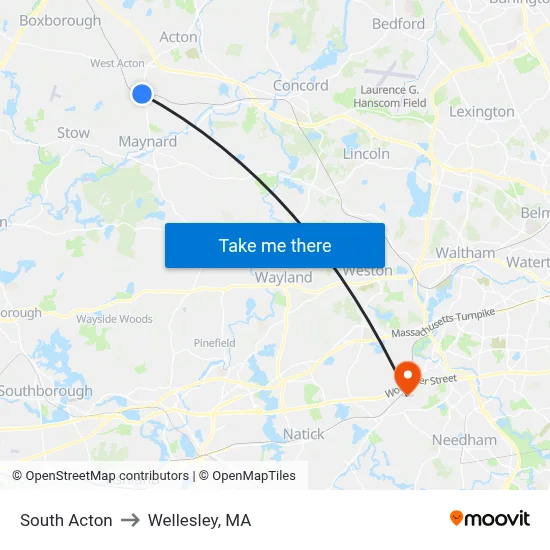 South Acton to Wellesley, MA map