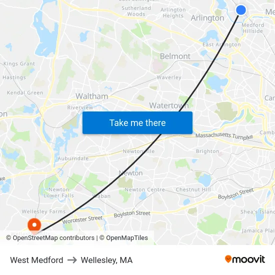West Medford to Wellesley, MA map