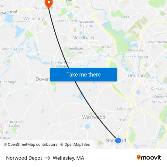 Norwood Depot to Wellesley, MA map