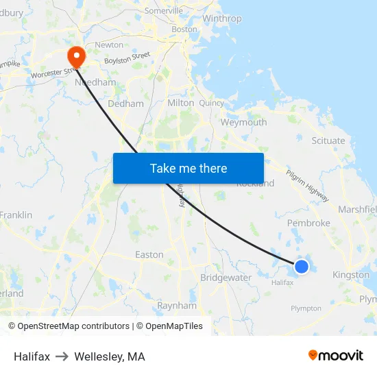 Halifax to Wellesley, MA map