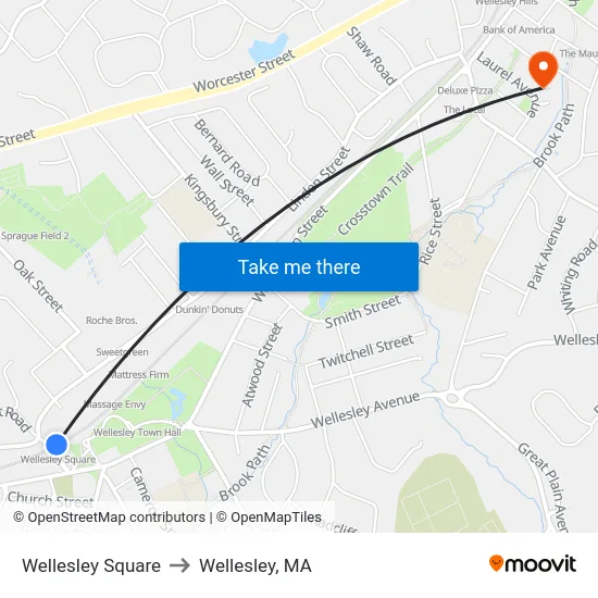Wellesley Square to Wellesley, MA map