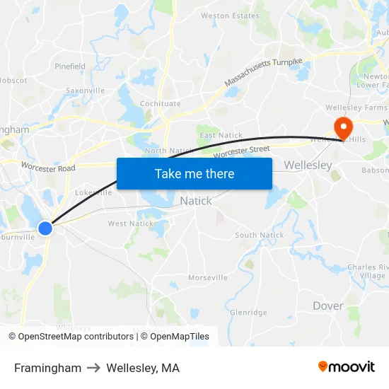 Framingham to Wellesley, MA map