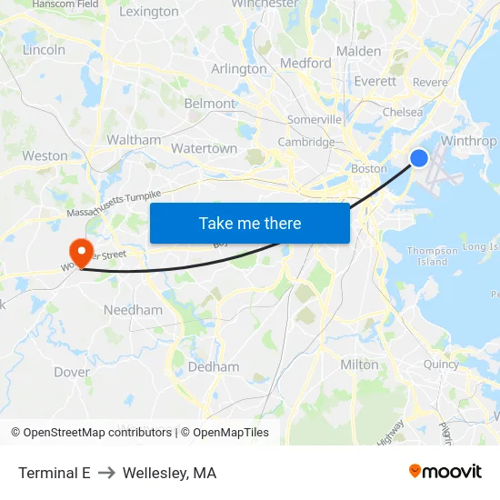 Terminal E to Wellesley, MA map