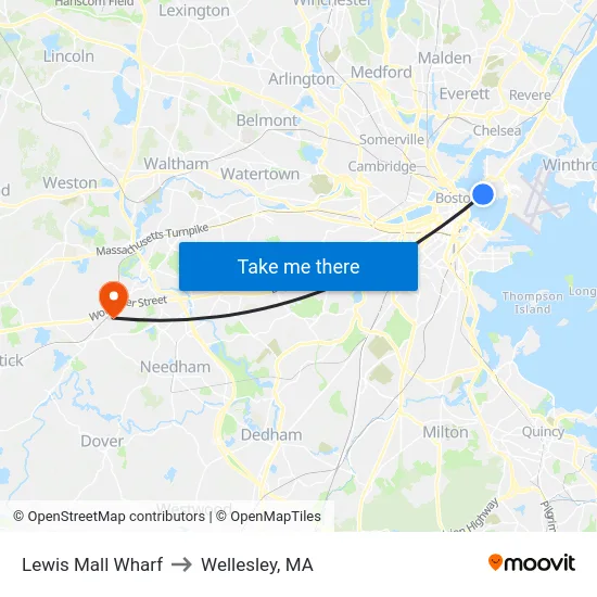 Lewis Mall Wharf to Wellesley, MA map
