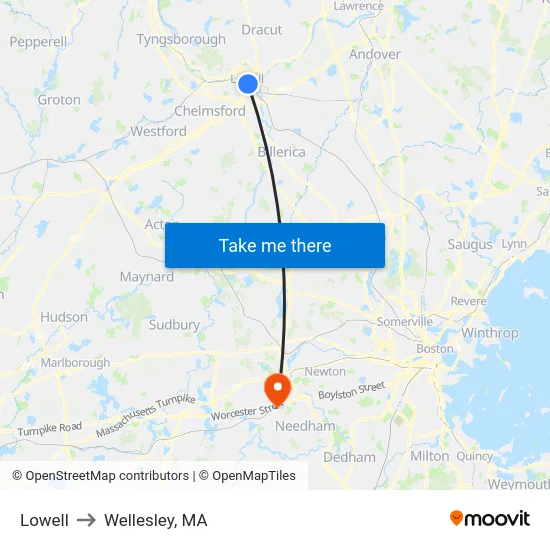 Lowell to Wellesley, MA map
