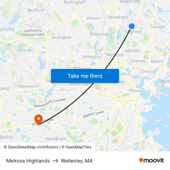 Melrose Highlands to Wellesley, MA map