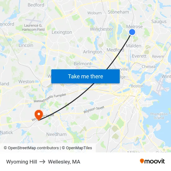Wyoming Hill to Wellesley, MA map