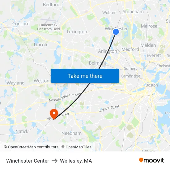 Winchester Center to Wellesley, MA map