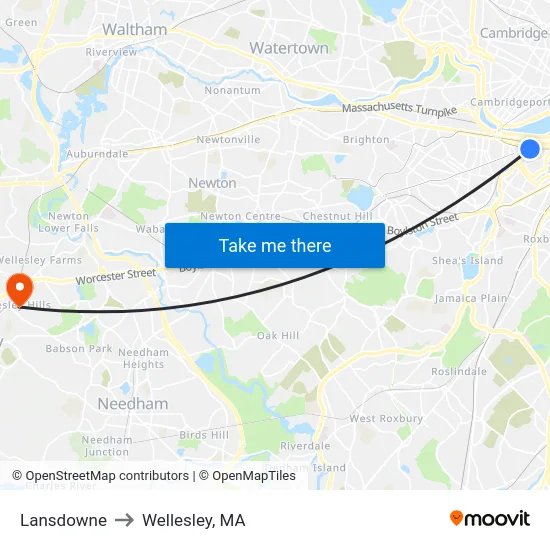 Lansdowne to Wellesley, MA map