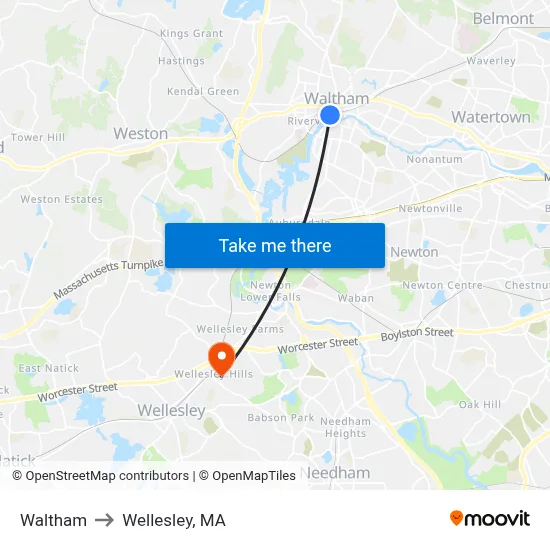 Waltham to Wellesley, MA map