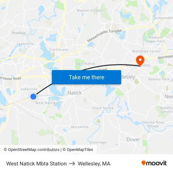 West Natick Mbta Station to Wellesley, MA map