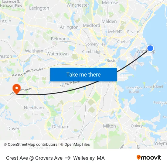 Crest Ave @ Grovers Ave to Wellesley, MA map