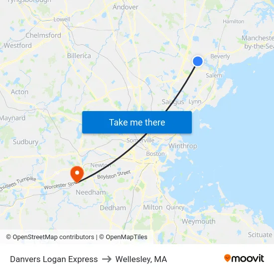 Danvers Logan Express to Wellesley, MA map