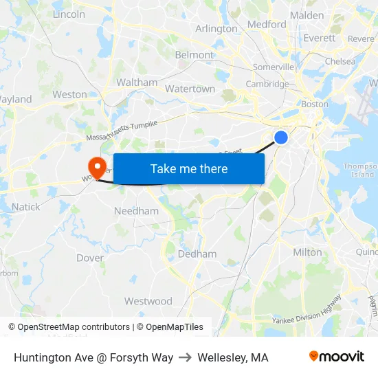 Huntington Ave @ Forsyth Way to Wellesley, MA map