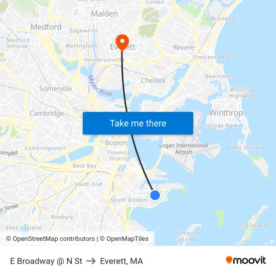 E Broadway @ N St to Everett, MA map