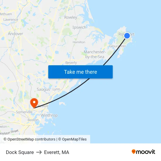 Dock Square to Everett, MA map