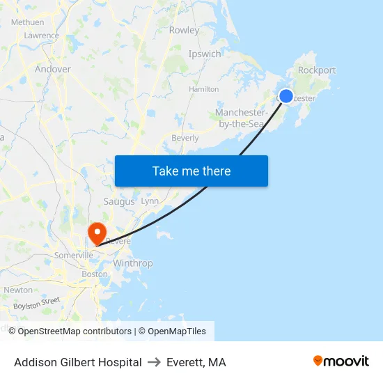 Addison Gilbert Hospital to Everett, MA map