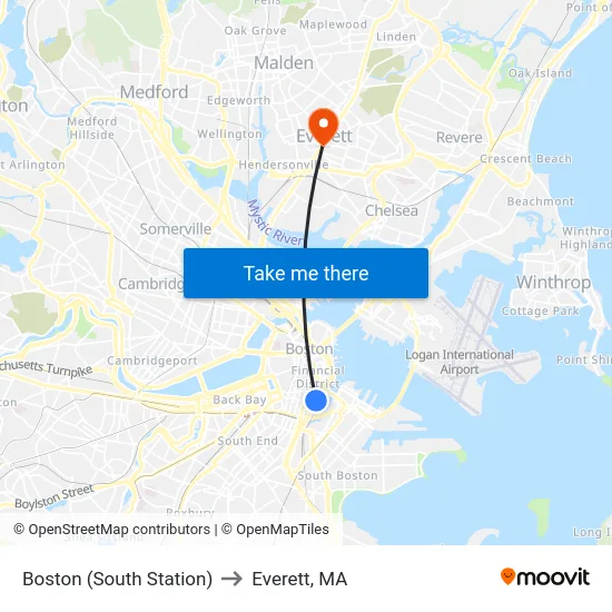Boston (South Station) to Everett, MA map