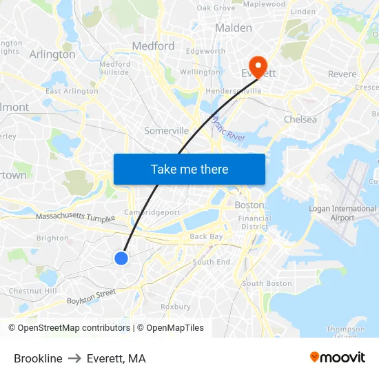 Brookline to Everett, MA map