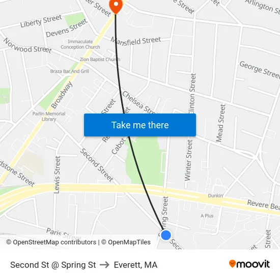 Second St @ Spring St to Everett, MA map